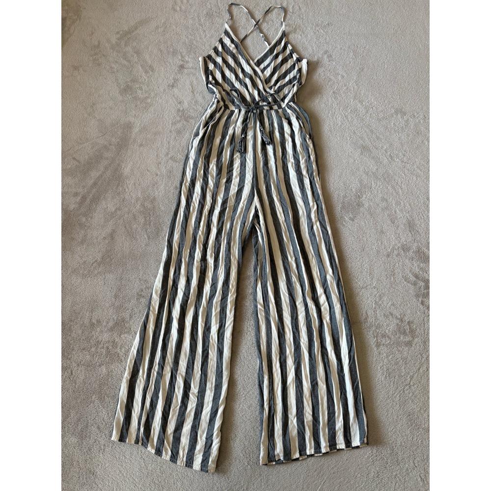 American Eagle Sz XS Striped Wide Leg Jumpsuit Criss Cross Back Tie Waist Casual